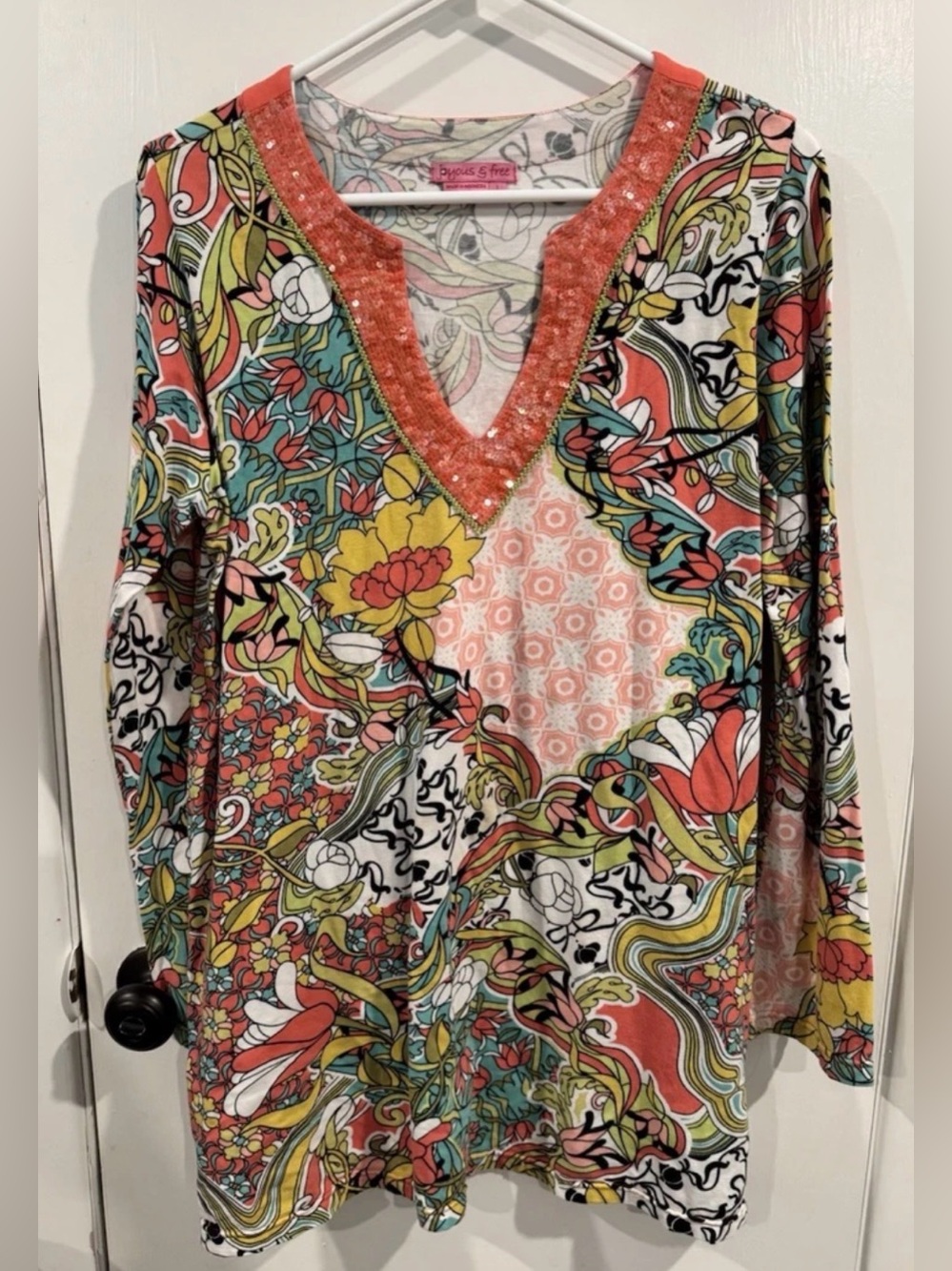 Joyous & Free Size LARGE Blouse Top Colorful Beaded Summer Vacation